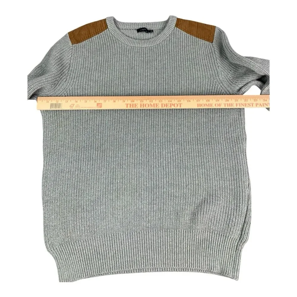 J Crew Chunky Ribbed Knit Crewneck Sweater Gray Mens Large Suede Patch Woodsman